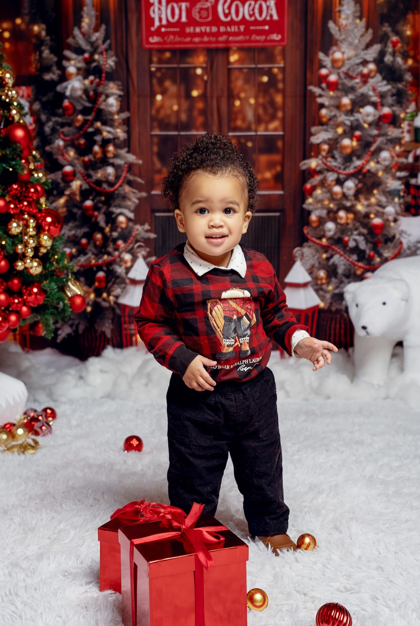 Boy holding a Christmas gift beside a decorated Christmas tree
